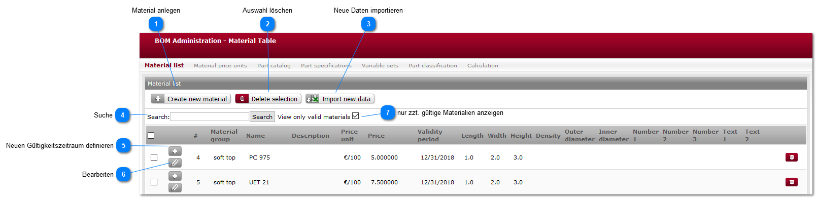 Materialliste bearbeiten